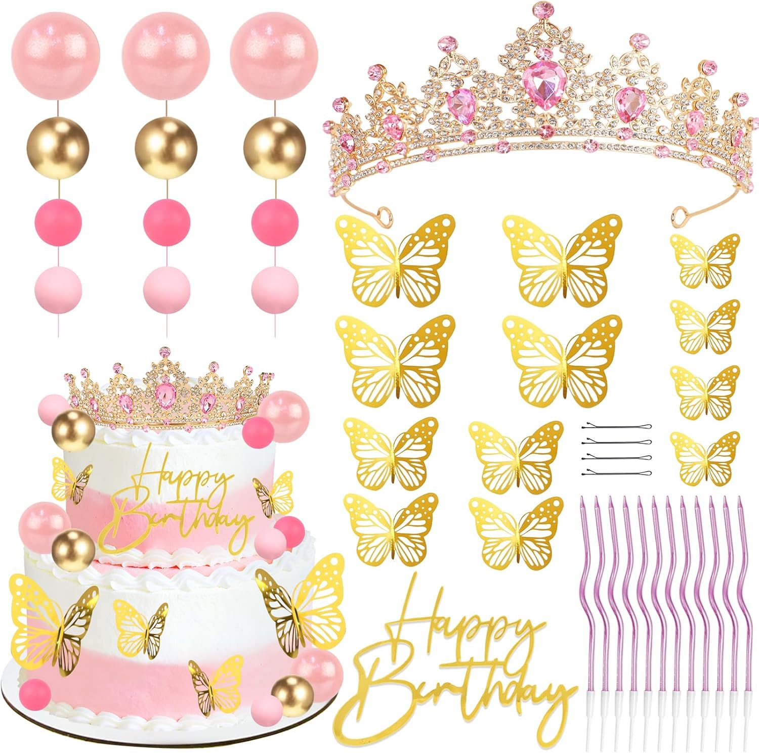 Candle. Queen - クラウンケーキトッパー、コロナパラパステルキャンドルボール、バタフライケーキデコレーション、プリンセス、女性、女王、女の子、パーティー、結婚式用