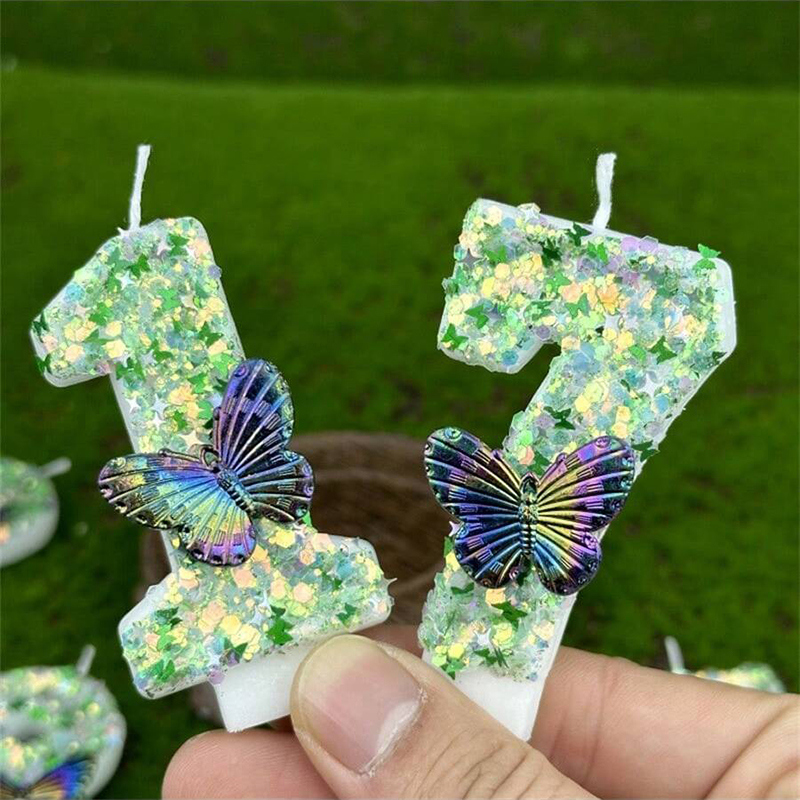 Candle Supplies In - 1Pc グリーンスパンコール番号 0-9 蝶ケーキキャンドル誕生日パーティーの装飾好意カップケーキトッパーケーキ装飾用品